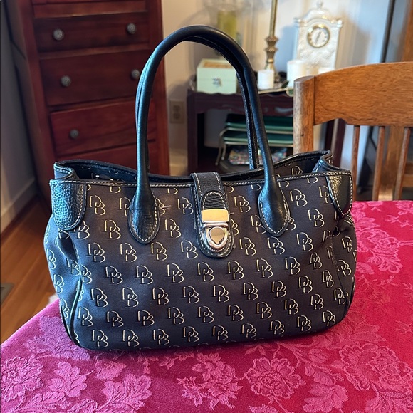 Dooney & Bourke Handbags - Dooney & Bourke Black & Beige Canvas & Leather Logo Satchel